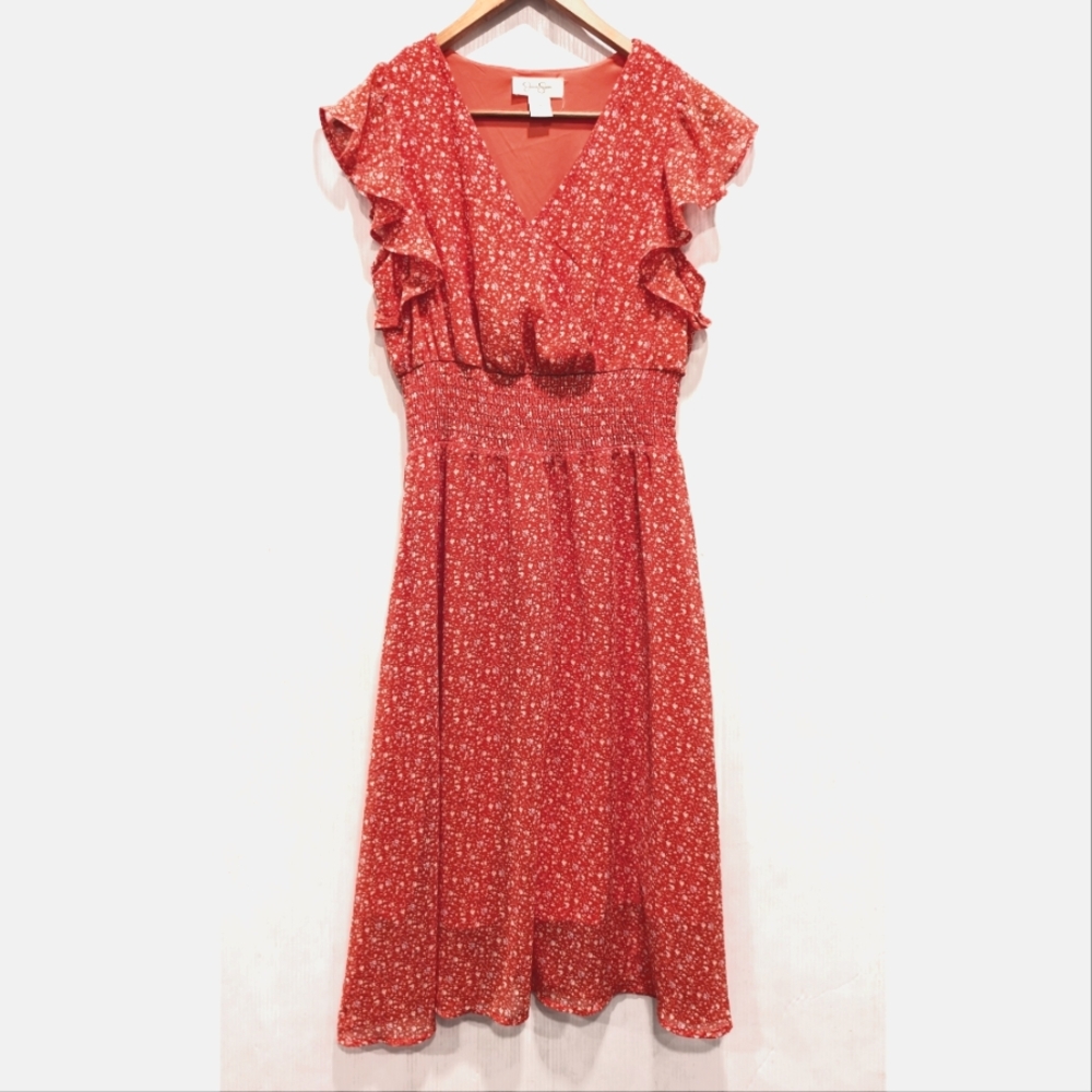 JESSICA SIMPSON women's wrap bodice red ditsy micro floral midi dress medium